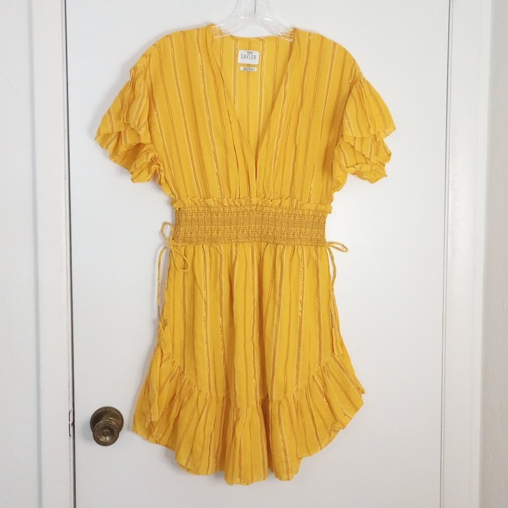 Saylor Adrianne Yellow Ruffle Sleeve Boho Mini Dress